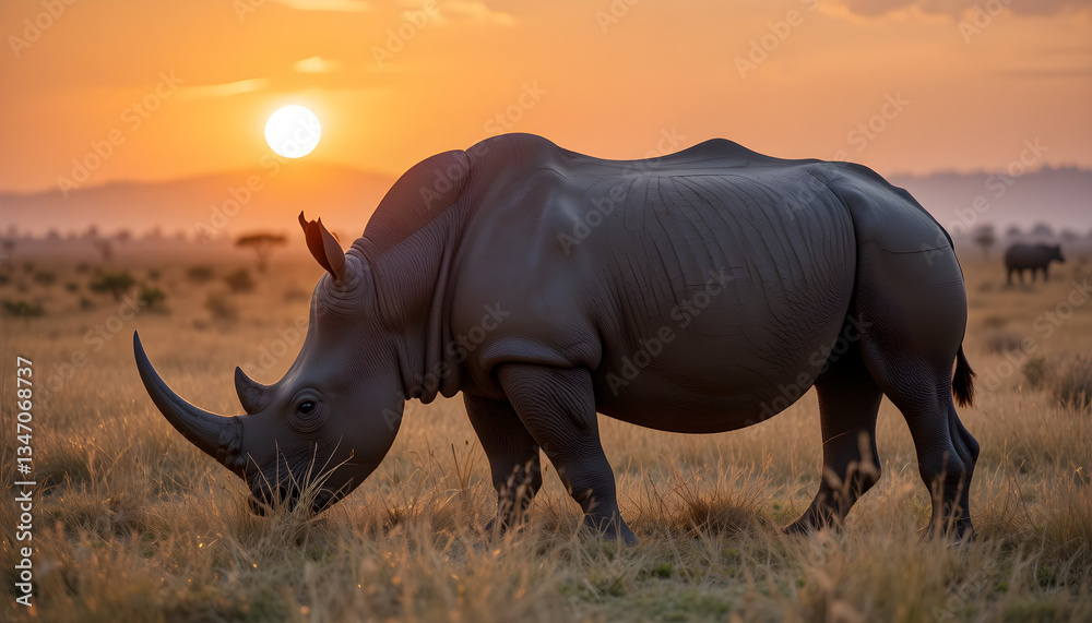 Fototapeta premium Rhino standing in the sunset on the African savannah
