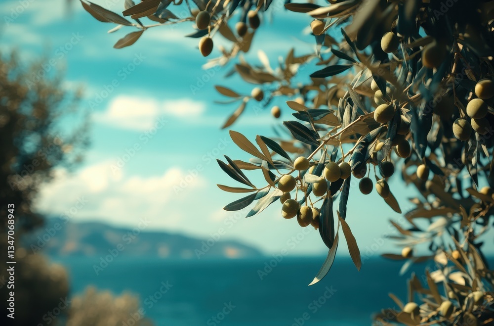 Naklejka premium Lush Olive Tree Branch Against Vibrant Blue Sea and Sky in Scenic Mediterranean Landscape During Warm Sunny Day with Gentle Breeze
