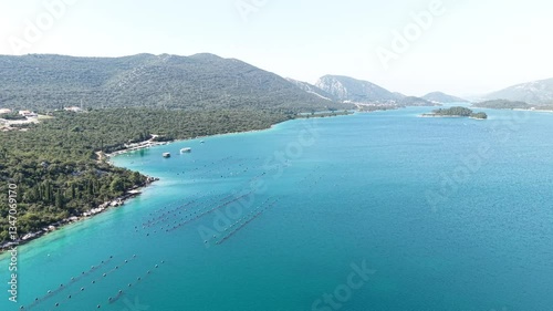 Aerial panoramic view of a Ston bay between continental Croatia and the Pelješac Peninsula in the Dalmatia Region