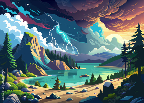 Mysterious mountain landscape with stormy sky and lightning over serene lake.