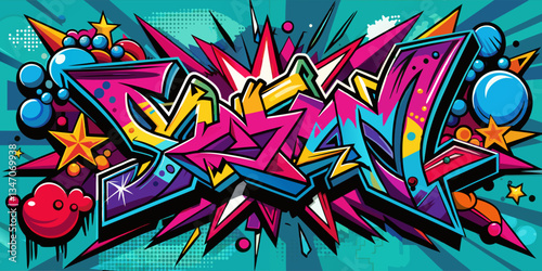 Energetic Graffiti Design with Explosive Elements and Stars.