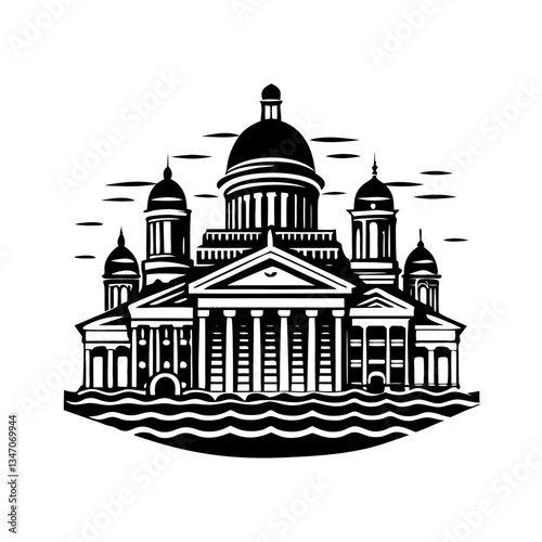 A majestic cathedral with grand domes and towering spires reflected in the water creating a serene and iconic architectural scene.