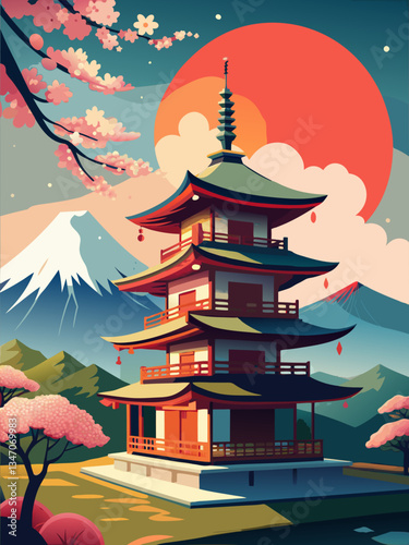Stunning Japanese Landscape with a Traditional Pagoda and Mount Fuji Under a Blossoming Tree.