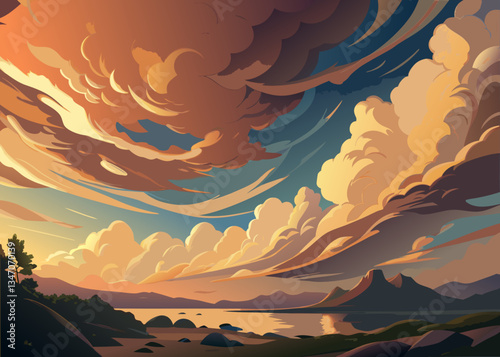 Tranquil landscape with a vibrant sunset and mountainous backdrop.