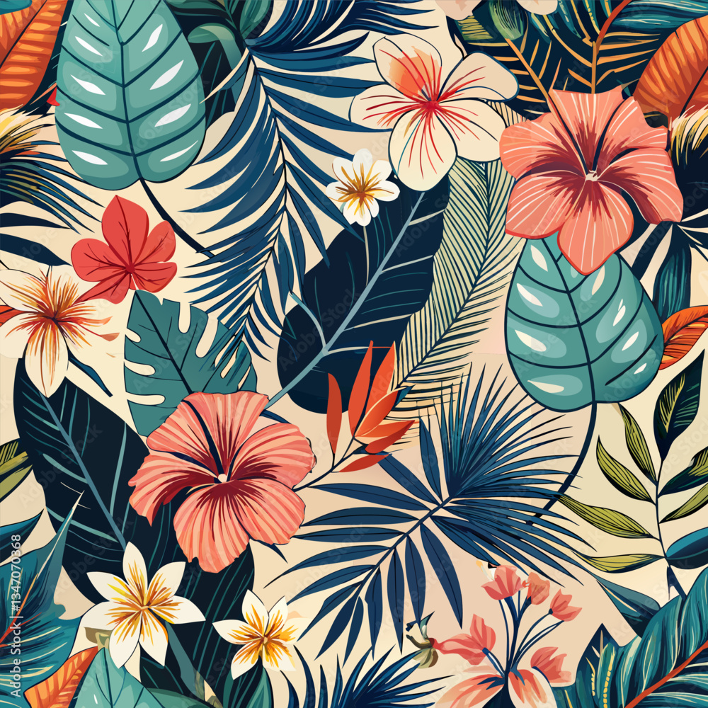 Vibrant Jungle Pattern with Colorful Flowers and Green Leaves. Seamless Pattern.