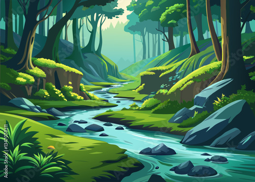 Serene Forest Stream Scene with Lush Greenery and Sunlit Path.