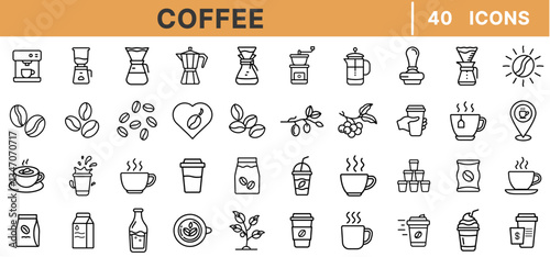 Coffee Line Icons Set – Espresso, Latte, Cappuccino, Coffee Beans, Grinder, Brewing, Cafe, Barista, Hot Drink, To-Go Cup, French Press, Minimalist, Vector Illustration
