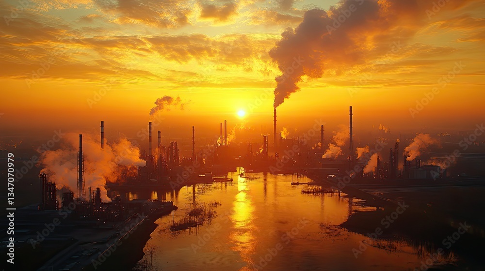 Fototapeta premium Sunset industrial pollution aerial view