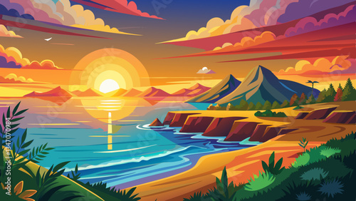 amazing panorama of sunrise or sunset above the seashore and horizon
