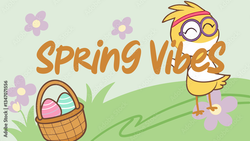 Spring vibes cartoon illustration with easter eggs and chick for festive design Spring vibes cartoon illustration with easter eggs and chick for festive design