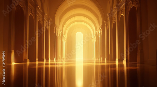 A grand interior with a series of elegant, towering arches bathed in soft golden light, reflections on the smooth