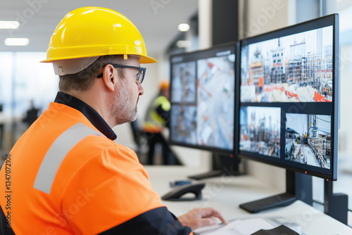 Construction supervisor monitors site progress on multiple screens from a control room, ensuring safety and efficiency