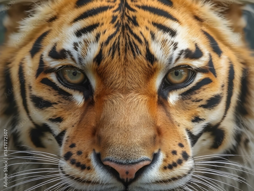 Fototapeta premium Tiger's Gaze: A close-up of a majestic tiger, its intense eyes meet the viewer. Striking pattern and powerful presence of the big cat.