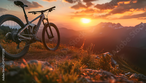 Wallpaper Mural Mountain Biking Sunset: Mountain bike sits perched on a rugged hilltop, silhouetted against the stunning backdrop of a fiery sunset over a majestic mountain range. Torontodigital.ca