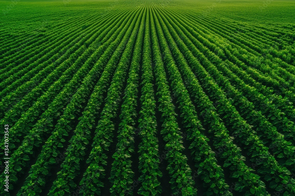 Lush green crop field stretching to the horizon under clear blue sky in rural landscape during daytime Lush green crop field stretching to the horizon under clear blue sky in rural landscape during daytime