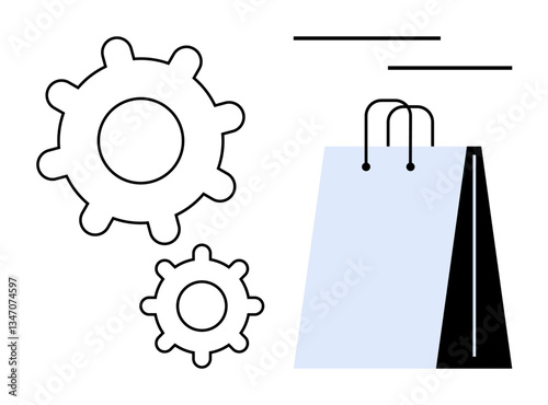Gears alongside a shopping bag reflect the harmony of systems and commerce. Ideal for retail, logistics, productivity, planning, teamwork, commerce, innovation. Flat simple metaphor
