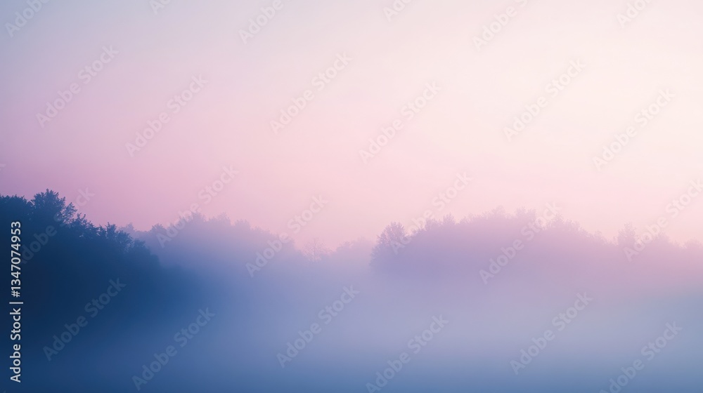 Fototapeta premium Misty Landscape with Gradient Hues - Ethereal Forest Scenery at Dawn with Lavender and Soft Pink Colors