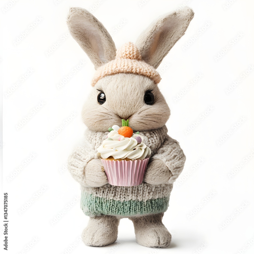 Obraz premium Cute plush rabbit holding a cupcake gift