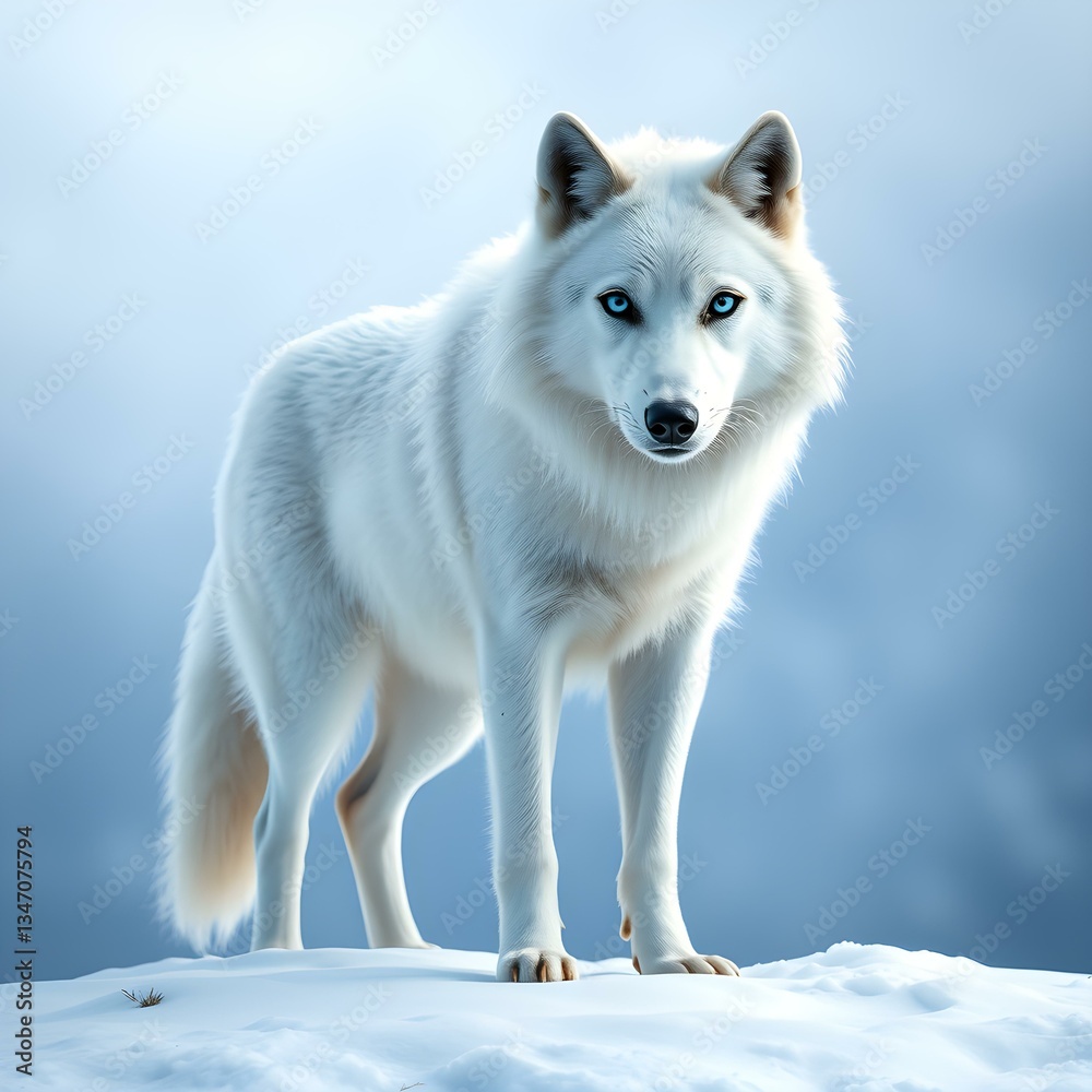 Obraz premium Arctic Majesty: A lone arctic wolf stands proudly on a snow-covered peak, its striking white fur and piercing blue eyes.