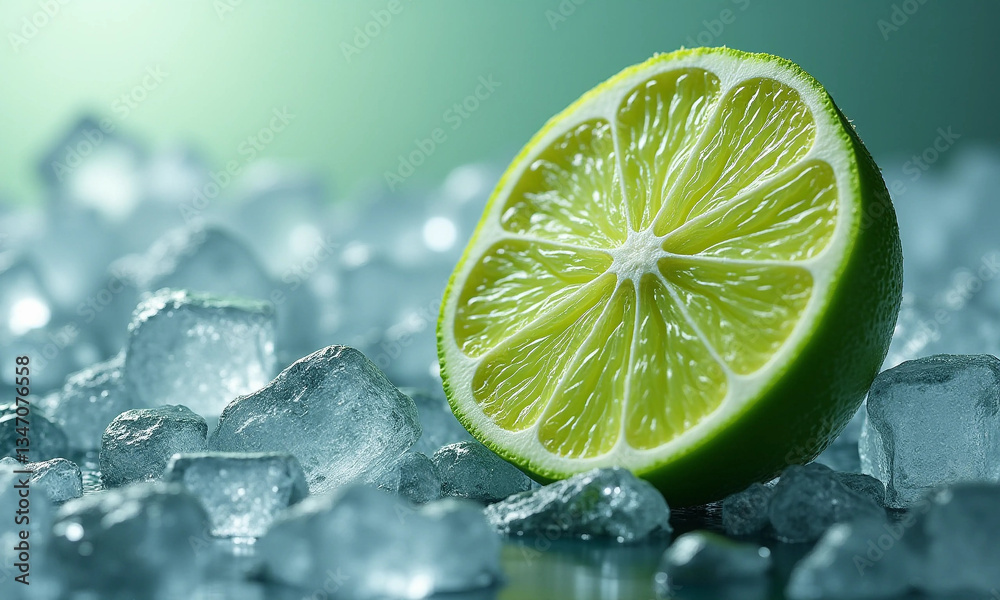 Fresh green lime slices on ice, showcasing vibrant color and texture. Perfect for cocktails or culinary use, adding refreshing touch to drinks and dishes Fresh green lime slices on ice, showcasing vibrant color and texture. Perfect for cocktails or culinary use, adding refreshing touch to drinks and dishes