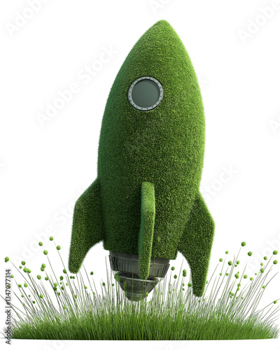 Eco concept 3d rocket taking off made of green grass , isolated on transparent background, png