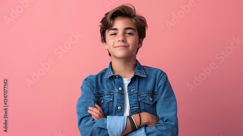 Cute teenage lad with crossed hands and a confident appearance wearing smart blue clothing is shown in a photo isolated on a pink background, Generative AI.