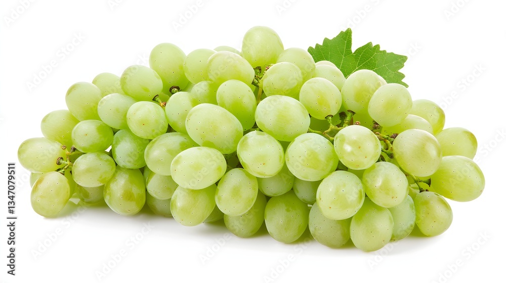 Fresh Bunch of Organic Green Grapes on a White Background with Leaf Details Fresh Bunch of Organic Green Grapes on a White Background with Leaf Details