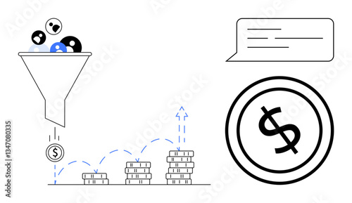 Funnel filtering users into profit, bouncing coins forming growing stacks, dollar sign icon, and speech bubble. Ideal for business, sales, marketing, revenue finance analytics success. Flat simple