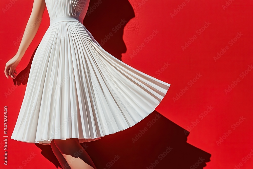 Obraz premium Stylish woman in a white pleated dress poses against a vibrant red background showcasing fashion and elegance during the day