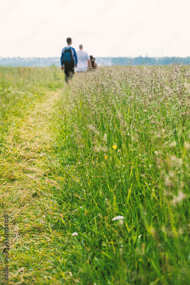 Blurred hikers walk along a tranquil countryside path