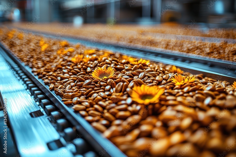 Fototapeta premium Coffee beans being processed with flowers adding a vibrant touch in a bustling production facility