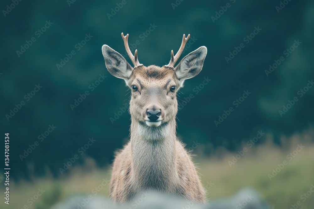Majestic deer gazes directly, showcasing its antlers against ser