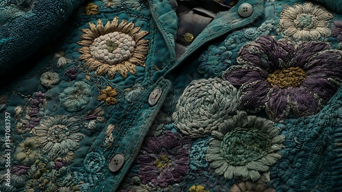 Detailed Close-Up of Colorful Floral Embroidery on Fabric Jacket