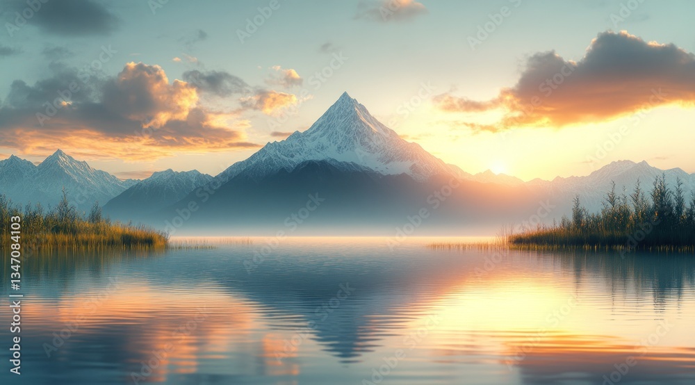 Serene mountain lake sunrise reflection Serene mountain lake sunrise reflection
