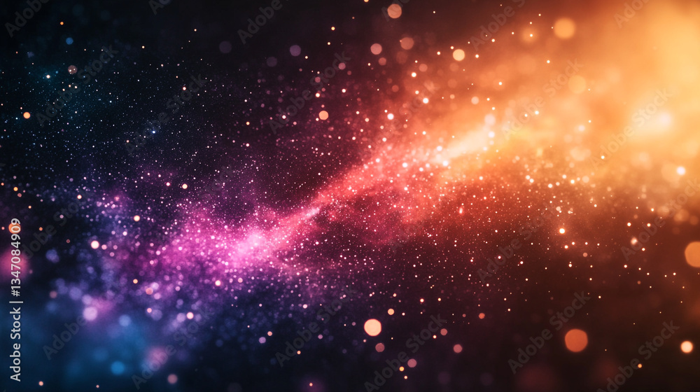 Fototapeta premium Abstract cosmic nebula background with vivid pink orange and blue glitter.