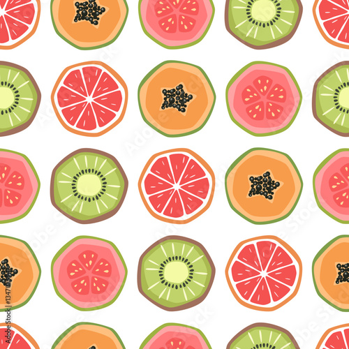 Vector seamless pattern with fruits slices on white background