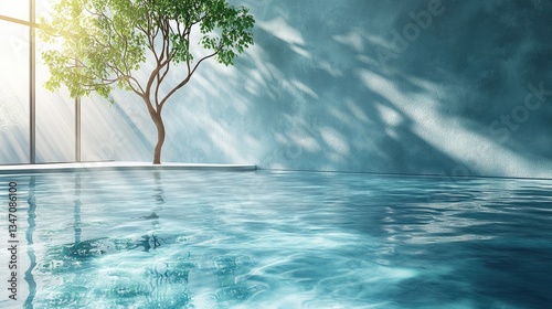 Tranquil indoor pool, sunlit tree, modern design, relaxation