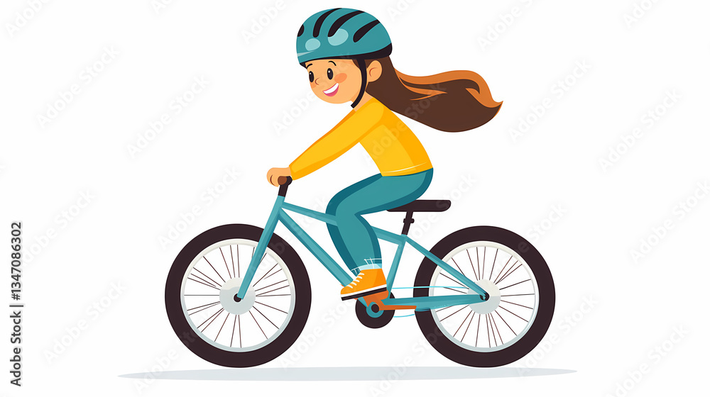 Obraz premium Pedaling into Adventure: A spirited young girl embarks on a cycling journey, her hair flowing in the wind, helmet on, and a world of exploration awaiting her.