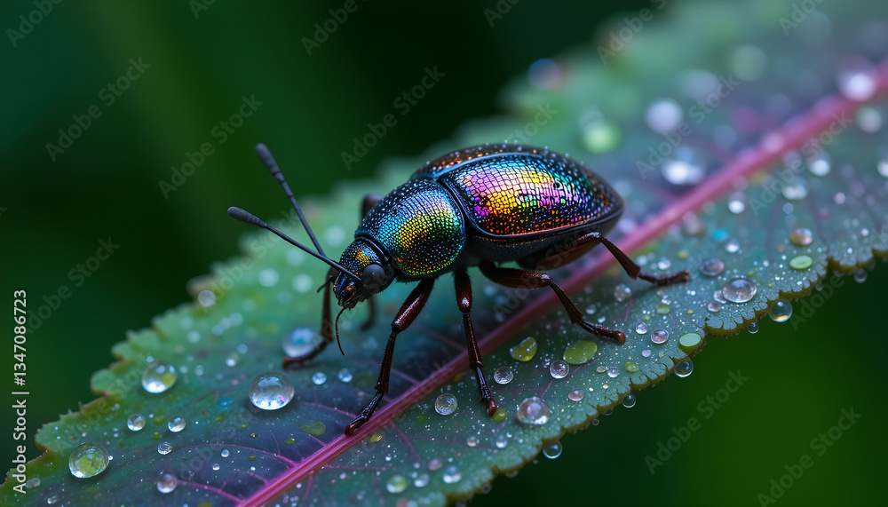 Colorful Beetle Crawling on a Leaf with Water Droplets in Macro Close up Colorful Beetle Crawling on a Leaf with Water Droplets in Macro Close up