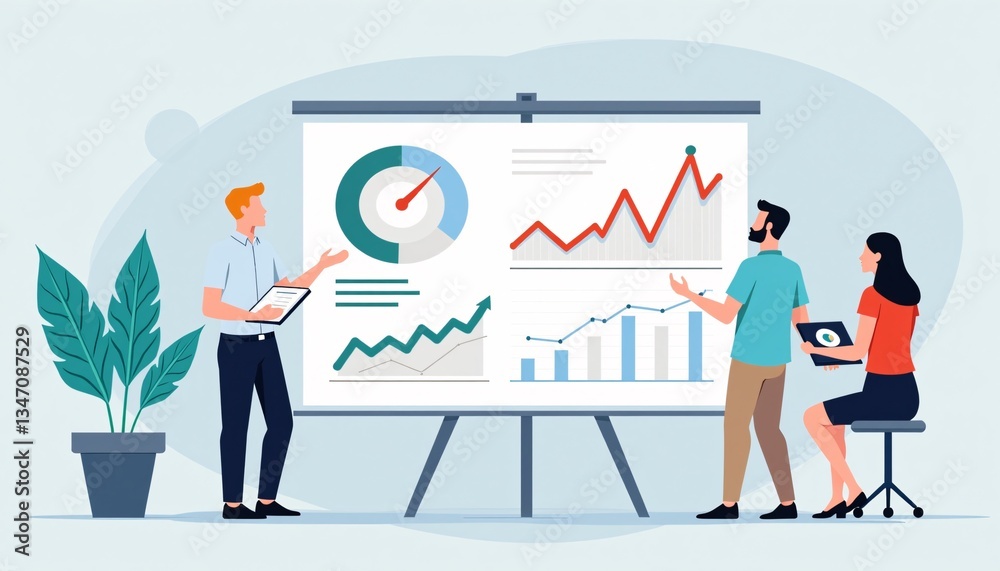 Fototapeta premium A detailed illustration of a real estate team analyzing market data.