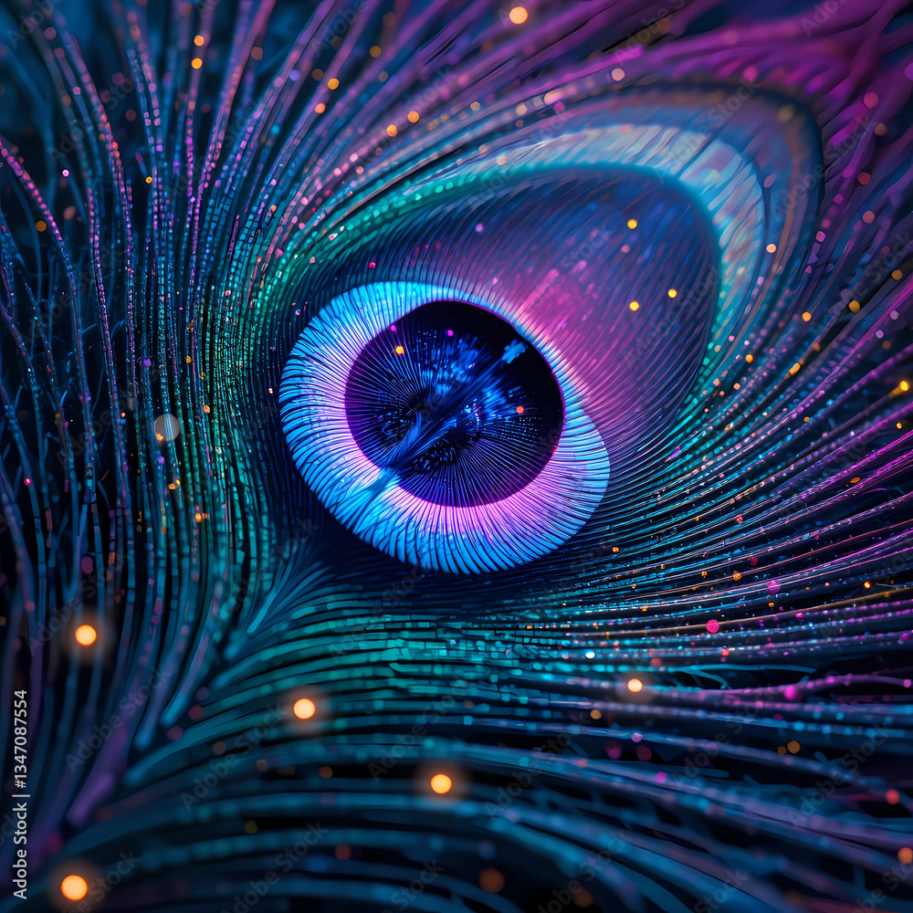 Obraz premium A zoomed-in view of a peacock’s iridescent feathers