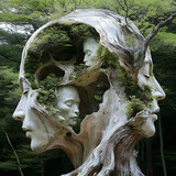 Intricate Wooden Sculpture of Intertwined Faces Emerging from Tree Trunk in Lush Green Forest