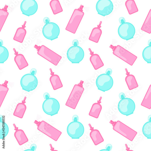 Seamless pattern, cosmetics, personal care. Jars for tonic, serum. Vector flat illustration on white background