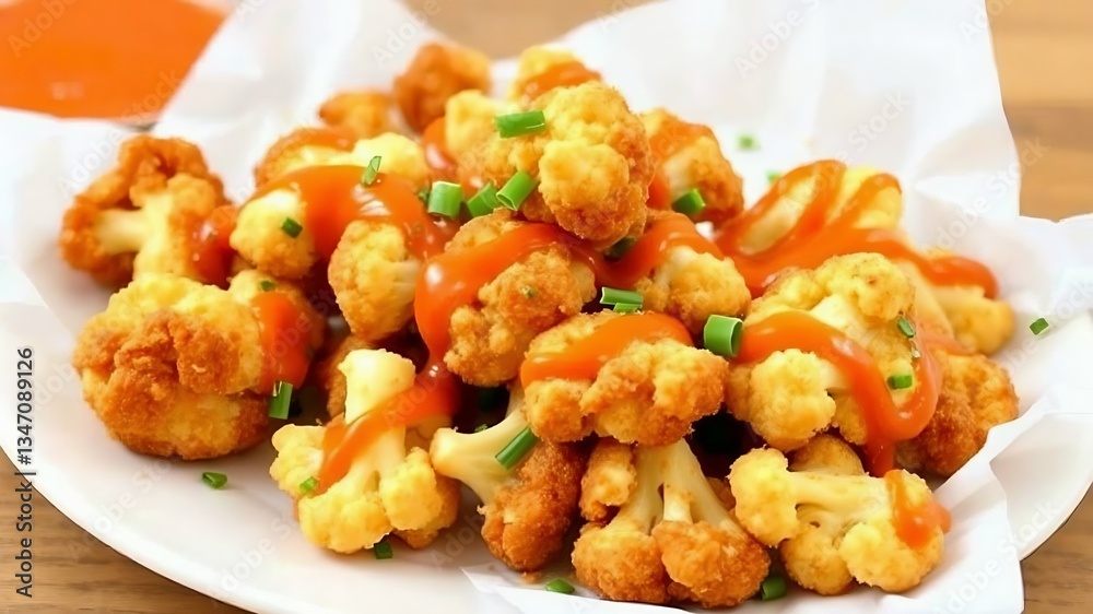 Crispy fried cauliflower with tangy buffalo sauce. Crispy fried cauliflower with tangy buffalo sauce.