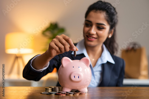 Indian businesswoman saving money in a piggybank