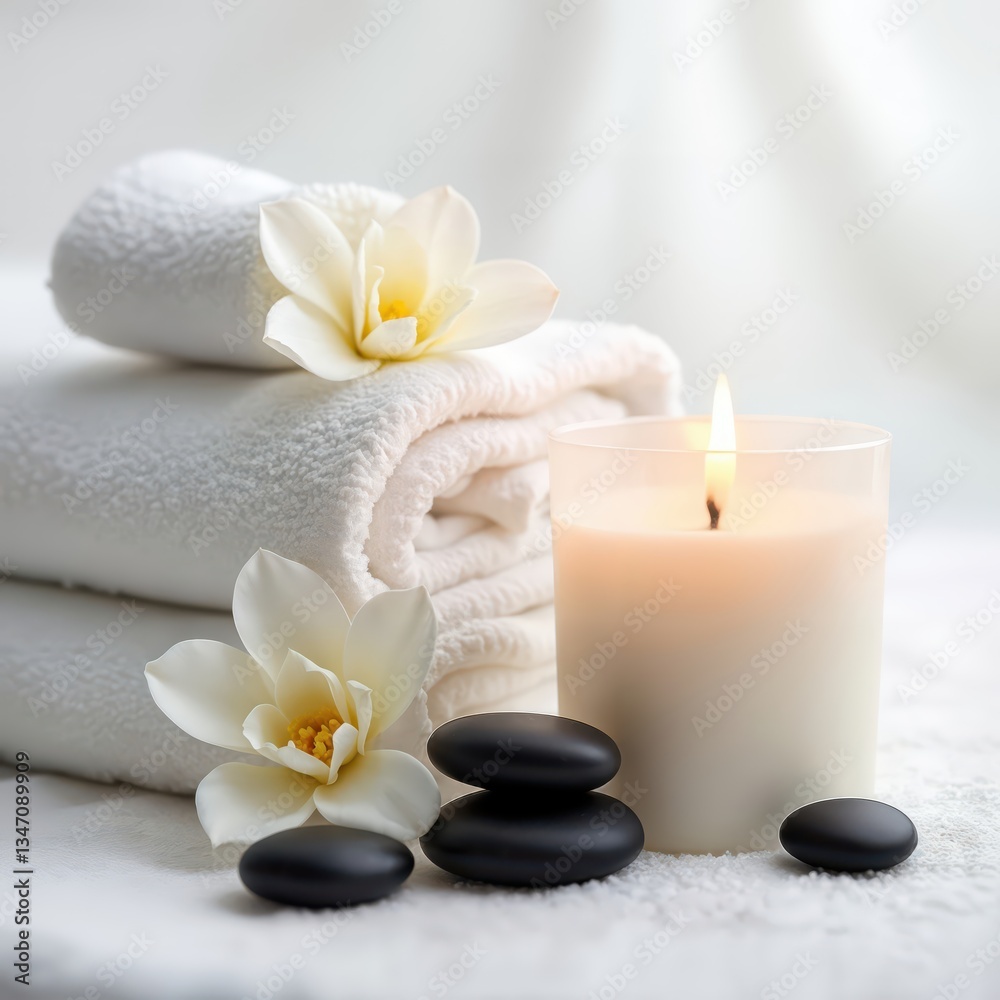 Elegant spa setting features neatly stacked white towels adorned with delicate magnolia flowers Elegant spa setting features neatly stacked white towels adorned with delicate magnolia flowers