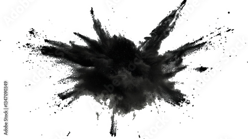 Black powder explosion with dark colors isolated white background. Abstract powder splatted on white background, Black vibrant paint black powder explosion with dark colors isolated white background.