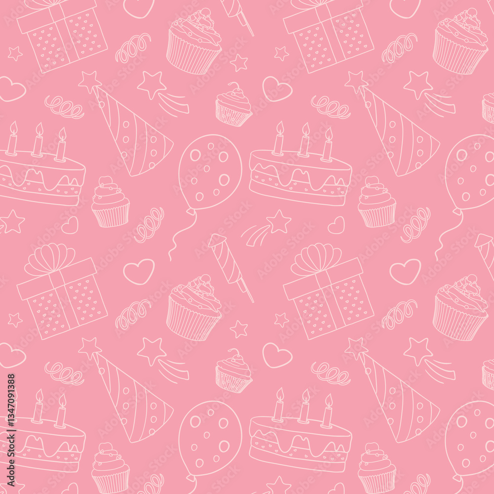 Fun hand drawn party seamless background with cakes, gift boxes, balloons and party decoration. Great for birthday parties, textiles, banners, wallpapers, wrapping - vector design Fun hand drawn party seamless background with cakes, gift boxes, balloons and party decoration. Great for birthday parties, textiles, banners, wallpapers, wrapping - vector design
