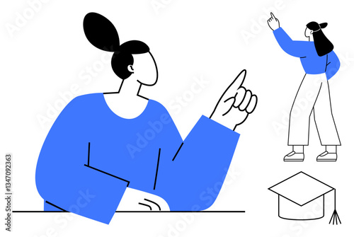 Woman raising hand to share or explain, another gestures upward beside a graduation cap. Ideal for learning, teaching, mentorship, leadership, goals, inspiration and success. Flat simple metaphor