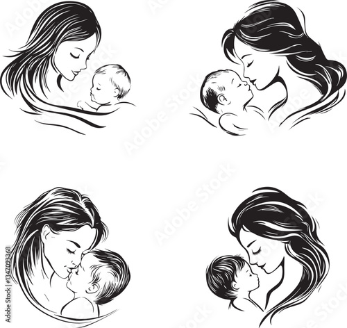Mom and baby sketch logo set black and white